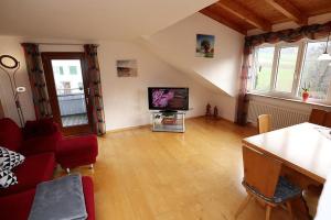 a living room with a couch and a television at Haus Reichenbach in Glottertal