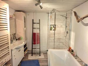 a bathroom with a shower and a tub and a sink at Charming House in Neckargemünd