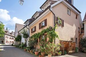 a building with potted plants on the side of it at Ferienwohnung Gill in Staufen im Breisgau