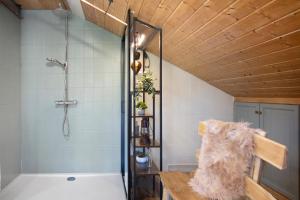 a bathroom with a shower and a tub at Weitsicht in Weiler-Simmerberg +20 photos