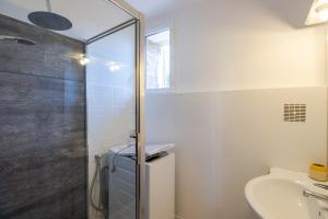 a bathroom with a shower and a sink at Gite La Salamandre in Saint-André-dʼAllas