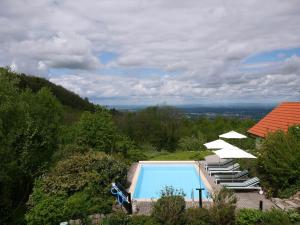 a swimming pool with lounge chairs and umbrellas at Ferienhaus Straubehof in Sasbachwalden