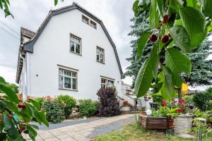 an exterior view of a white house with trees at Fewo mit Terrasse Moritzburg in Moritzburg