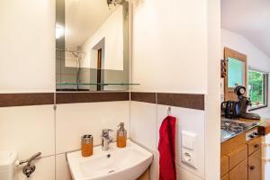 a bathroom with a sink and a mirror at Haus am Bach in Schönmünzach +23 photos