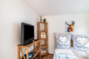 a living room with a tv and a couch at Haus am Bach in Schönmünzach