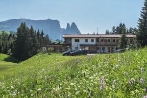 a field of flowers in front of a building at Sabina Dolomites Zirbel in Alpe di Siusi