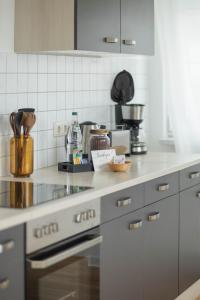 a kitchen with a stove and a counter top at Cityloft für Stilvolle in Dessau