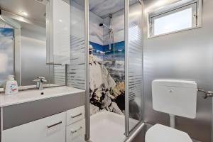 a bathroom with a shower and a toilet and a sink at Ferienhaus 219 in Zadelsdorf