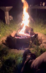 a person laying on the grass next to a fire at Idyllische Ruhe Der Villa Hedwig in Kurort Gohrisch