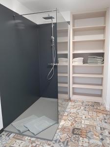 a bathroom with a shower with a glass door at Gîte La Maison De Caroline, Spa in Sigolsheim