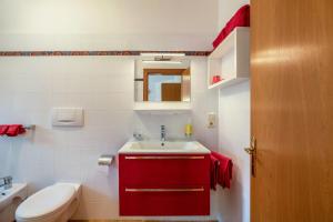 a bathroom with a red sink and a toilet at Weingut Lieselehof Apt Vitis in Caldaro +7 photos
