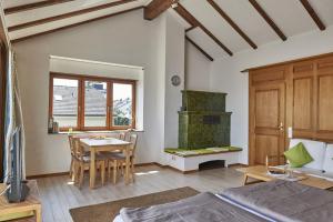 a living room with a table and a stove at Bodenseeblick in Konstanz