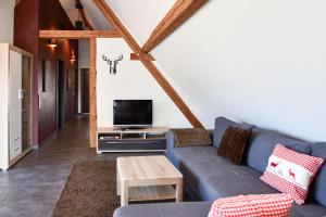a living room with a blue couch and a tv at Ferienwohnung zum Krummholz in Fischerbach