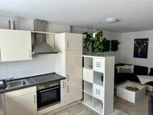 a small kitchen with white cabinets and a couch at Ruhige Ferienwohnung in Appenweier +4 photos