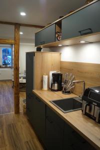 a kitchen with a sink and a counter top at Schmidnickels Hof in Schwarzerden