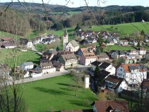 a small town with a green field and houses at Ferienwohnung am Wald Schuttertal in Schuttertal