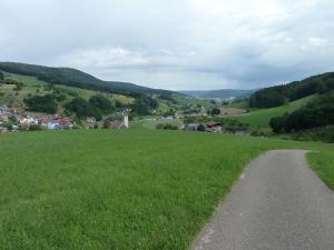 a road through a green field with a town in the distance at Ferienwohnung am Wald Schuttertal in Schuttertal