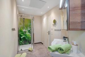 a bathroom with a shower and a sink at Schwarzwald-Lodge - hundefreundlich in Kappelrodeck +30 photos