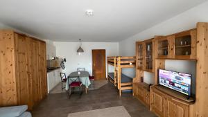 a room with wooden cabinets and a television and a table at Ferienwohnung Voges mit Pool in Bad Lauterberg