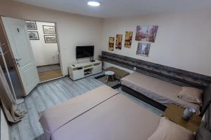 a living room with two beds and a television at Old street 2 in Podgorica