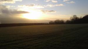 a field with the sun setting in the distance at Grimm's Lodge in Lörrach