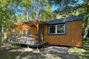 a tiny house in the woods with a porch at Haus Sonnenschein in Dranske