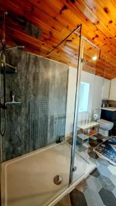 a bathroom with a shower with a glass enclosure at Tigh Stobbian in Lionel