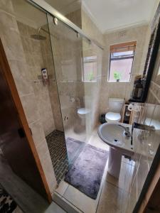 a bathroom with a shower and a toilet and a sink at 77 on First! in Fish Hoek +35 photos