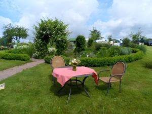 a table and two chairs with a pink table cloth at Ferienhof Roller in Simmersfeld