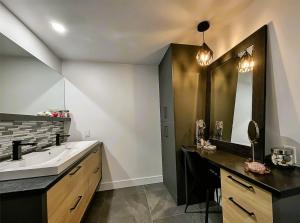 a bathroom with a sink and a mirror at Aubergélit in Saint-Jean-Port-Joli +44 photos