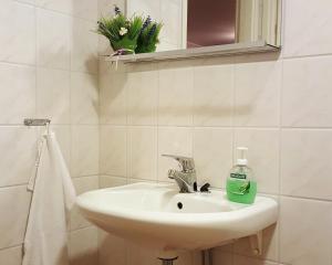 a bathroom with a sink and a bottle of soap at Granbergs Gästhem in Eckerö