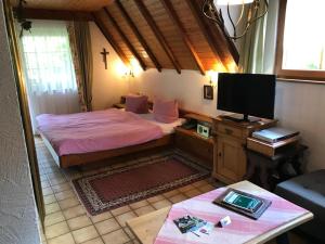 a small room with two beds and a television at Haus Bachschwalbe in Sasbachwalden
