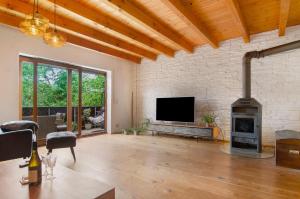 a living room with a fireplace and a tv at Jogis Paradies In Ruhiger Lage in Stockach