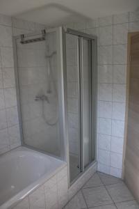 a shower with a glass door in a bathroom at Ferienwohnung Haus am Wald in Judenbach +8 photos