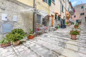 an alley with potted plants and an umbrella at Nido d'amore in Portoferraio