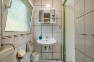 a small bathroom with a sink and a mirror at Bungalow 15 - Finnhütte in Niesky +11 photos