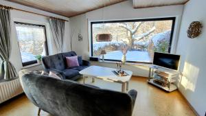 a living room with a couch and a table and a tv at Sauerland Alm Winterberg 5 mit Pool in Hallenberg