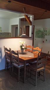 a dining room table with chairs and a potted plant on it at Sauerland Alm Winterberg 5 mit Pool in Hallenberg