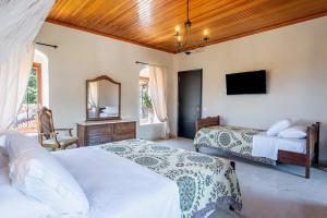 a bedroom with two beds and a mirror and a tv at Old manor house in Syvota