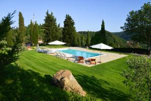a swimming pool in a yard with a rock in the grass at Agriturismo Il Colle in Poggio Alla Croce