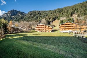 a large grassy field in front of two wooden buildings at Studio Chatel - Au pieds du Linga in Châtel