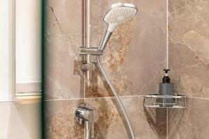 a shower with a shower head in a bathroom at Apartment Steinbock in Pflach +21 photos