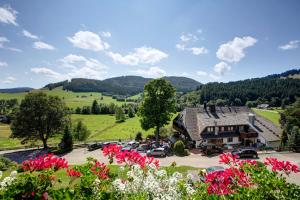 a building with cars parked in a parking lot with flowers at Appartment Bergblick in Bernau im Schwarzwald