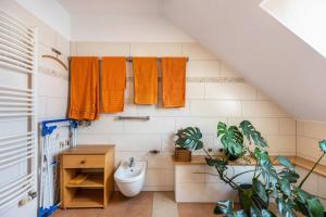 a bathroom with orange towels and a toilet at Apartment Malsam in Bräunlingen +14 photos