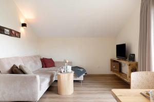 a living room with a couch and a tv at Furnerhof Apt Stearnzauber in Collepietra