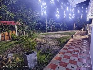 a garden at night with lights and a pathway at Villa ceiba in Guaduas