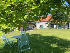 two chairs and a table in the shade of a tree at Ferienhaus Sommerhaus Julin in Saal