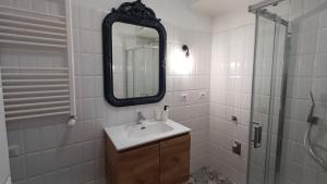 a bathroom with a sink and a mirror and a shower at Il Nido di Kora in Pescasseroli +23 photos