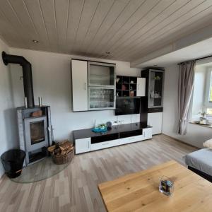 a living room with a couch and a fireplace at Ferienwohnung Härtel in Schramberg