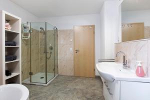 a bathroom with a shower and a sink and a toilet at Ferienwohnung Milita in Lörrach